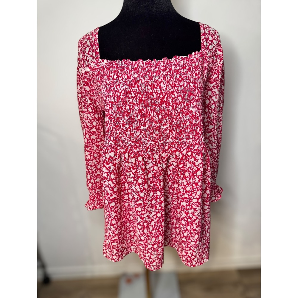 TORRID Plus Size 1 Red Floral Smocked Square Neck Long Sleeve Blouse Feminine